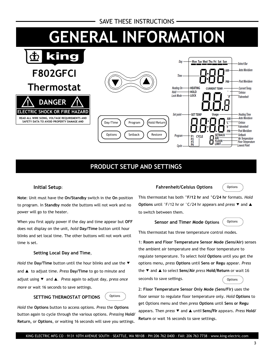 General information, F802gfci thermostat, Danger | Save these instructions, Product setup and settings | King Electric F802GFCI Electronic Programmable User Manual | Page 3 / 6