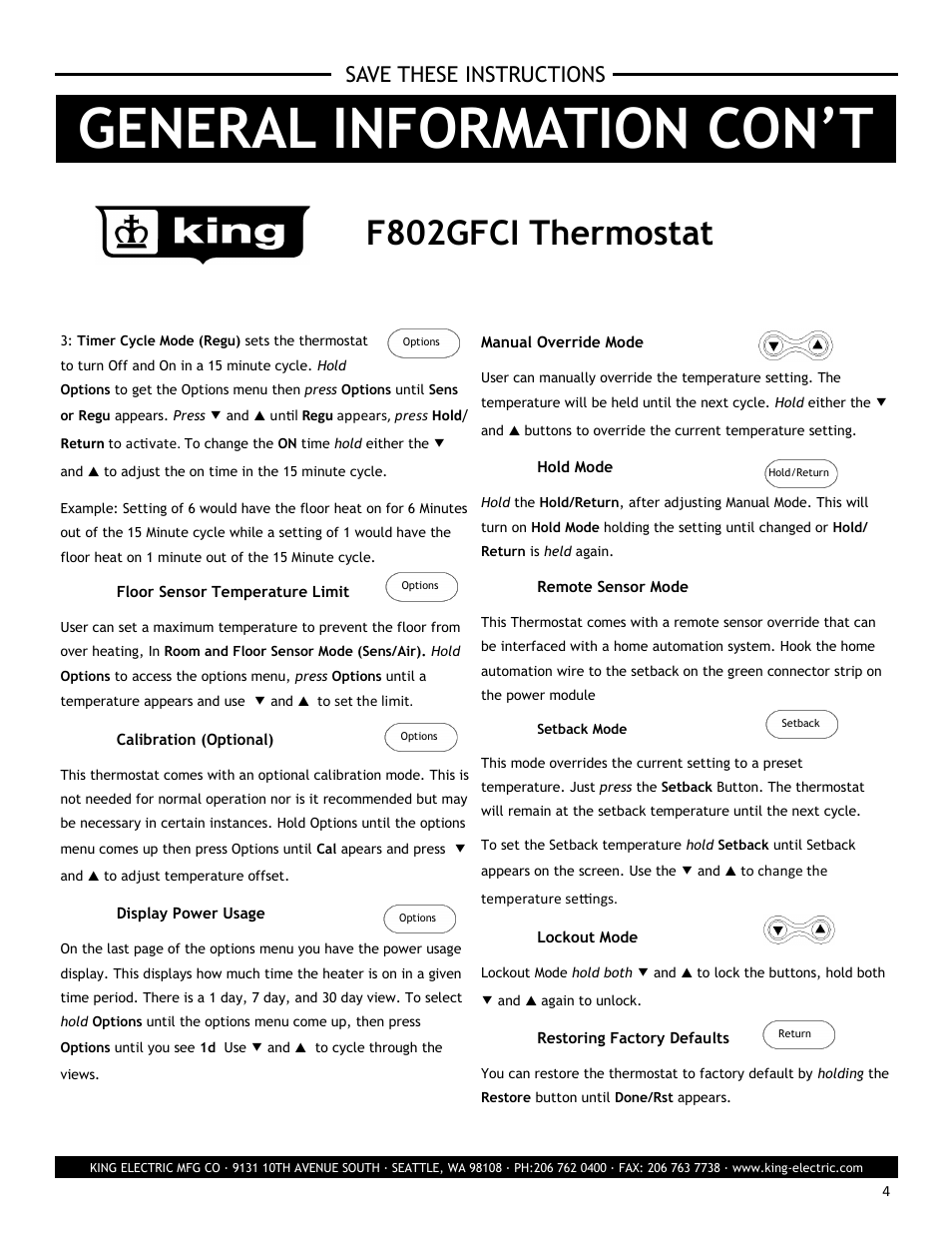 General information con’t, F802gfci thermostat, Save these instructions | King Electric F802GFCI Electronic Programmable User Manual | Page 4 / 6