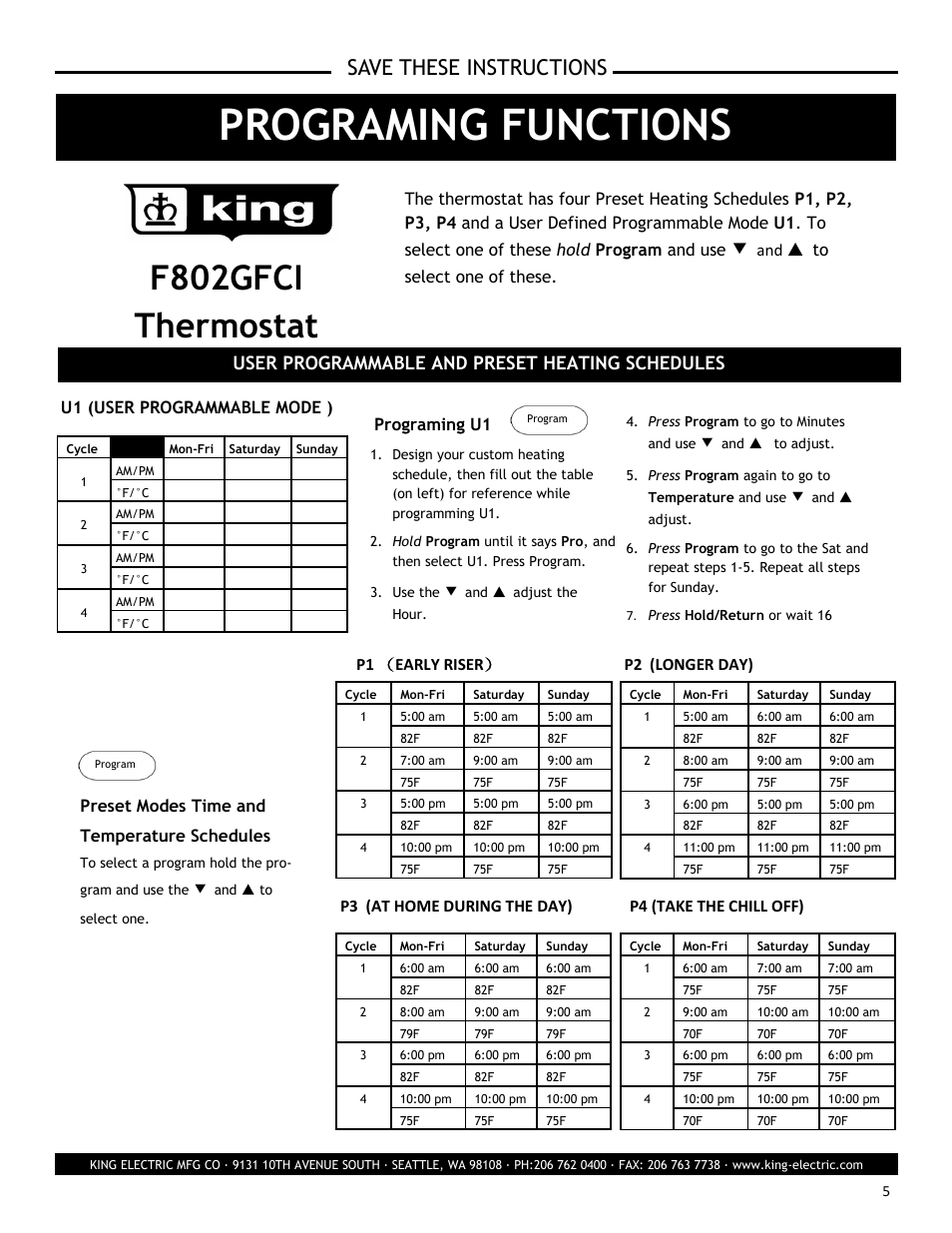 Programing functions, F802gfci thermostat, Save these instructions | User programmable and preset heating schedules, Programing u1, P2 (longer day), U1 (user programmable mode ), Preset modes time and temperature schedules | King Electric F802GFCI Electronic Programmable User Manual | Page 5 / 6