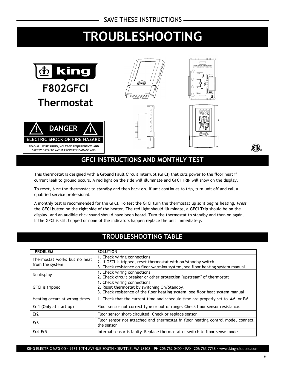 Troubleshooting, F802gfci thermostat, Danger | Save these instructions | King Electric F802GFCI Electronic Programmable User Manual | Page 6 / 6