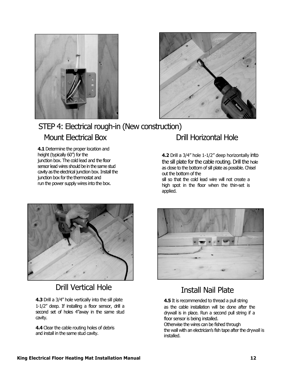 Drill vertical hole, Install nail plate | King Electric FCM Floor Mat User Manual | Page 12 / 19