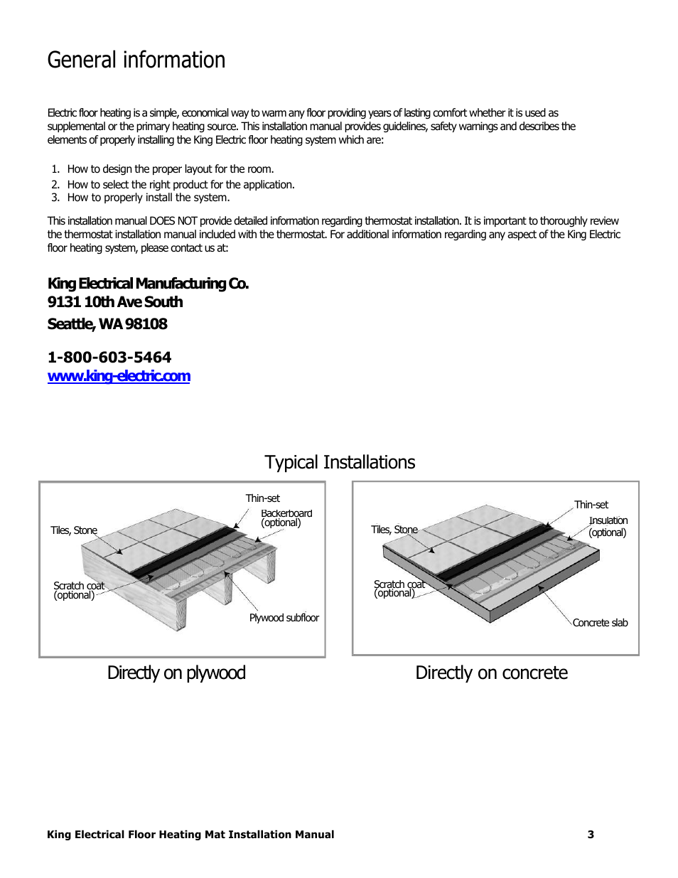 General information, Typical installations, Directly on plywood directly on concrete | King Electric FCM Floor Mat User Manual | Page 3 / 19