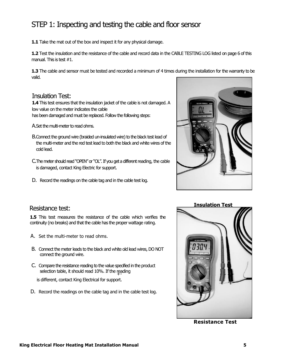 Insulation test, Resistance test | King Electric FCM Floor Mat User Manual | Page 5 / 19