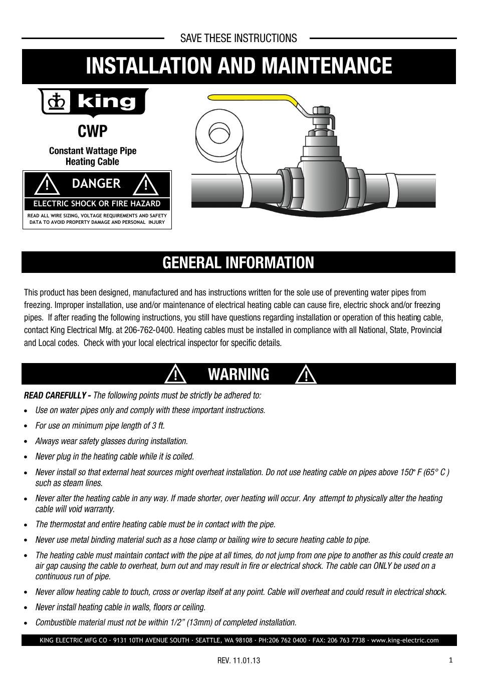 King Electric CWP User Manual | 4 pages