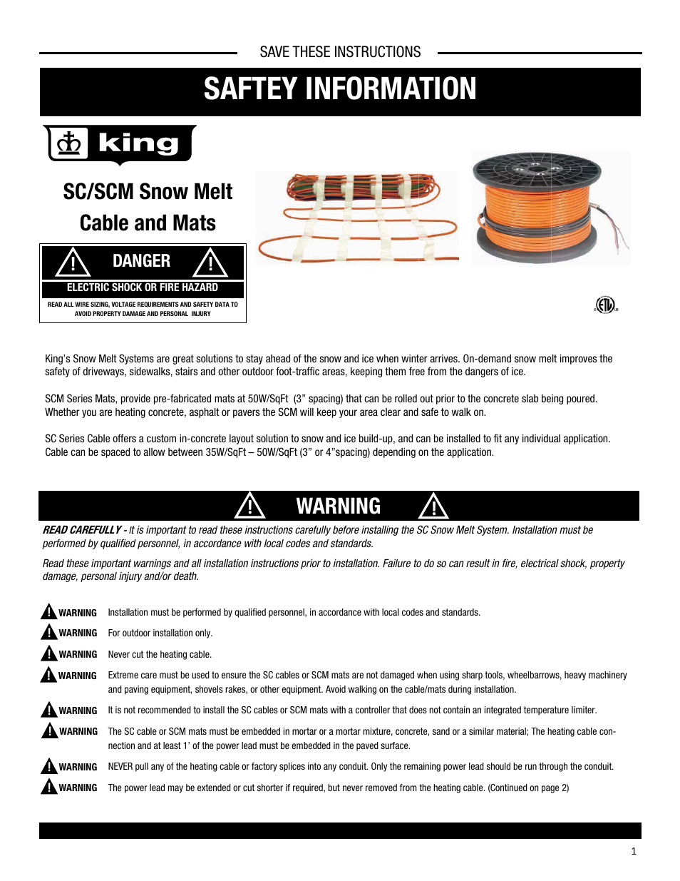 King Electric SCM User Manual | 20 pages