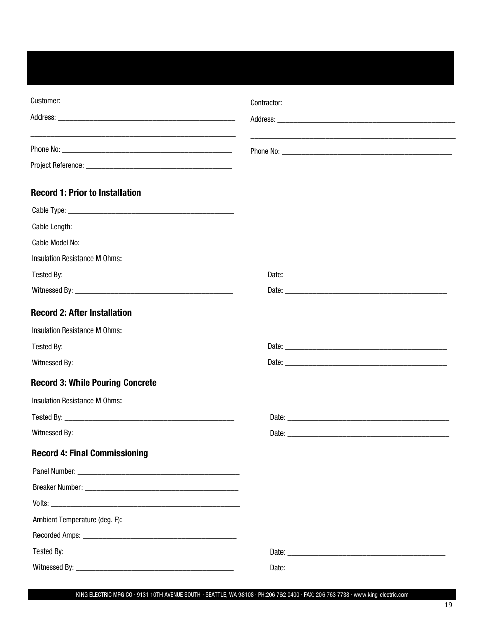 Sc cable / scm mat testing log | King Electric SCM User Manual | Page 19 / 20