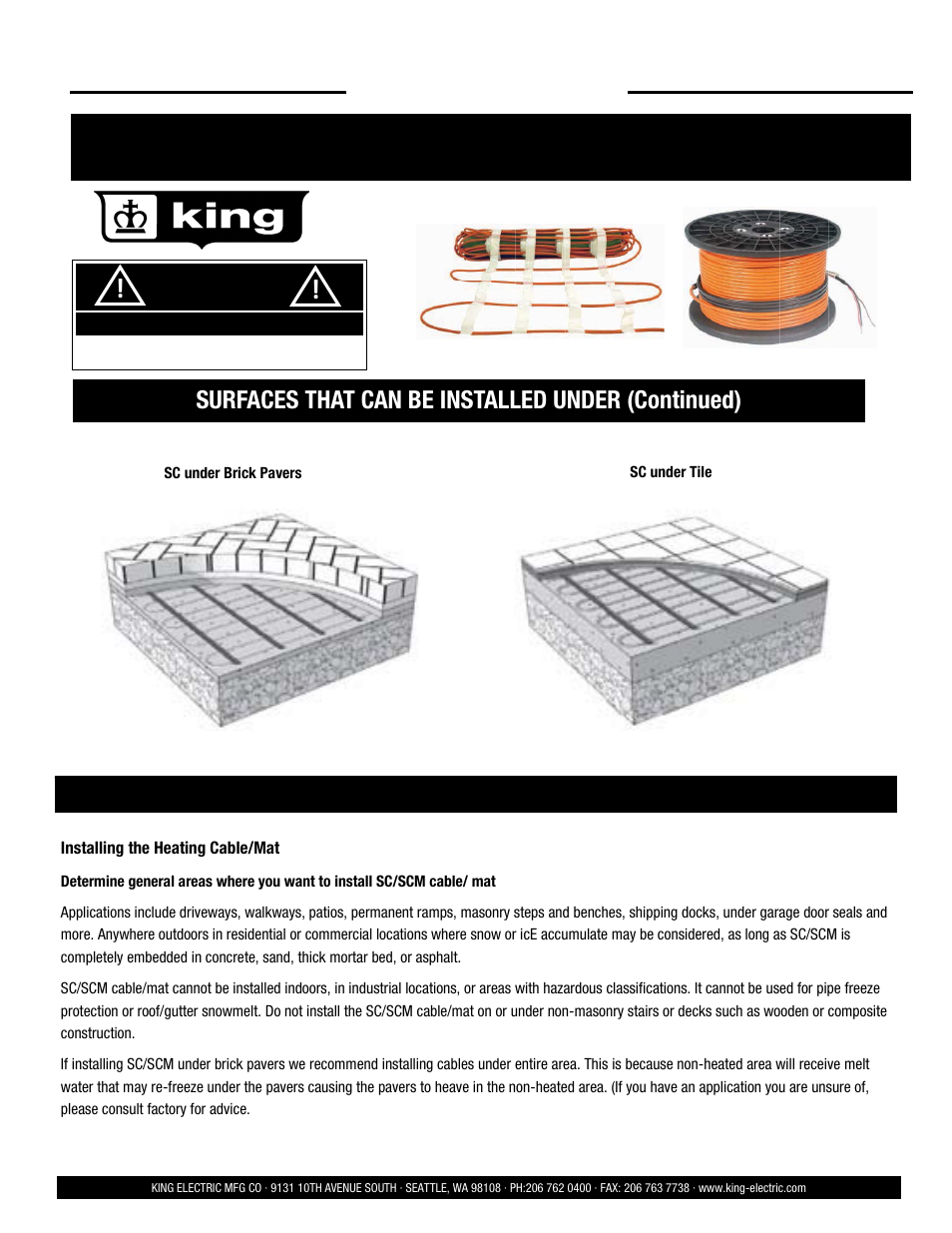 Installation instructions, Surfaces that can be installed under (continued), Danger | King Electric SCM User Manual | Page 5 / 20