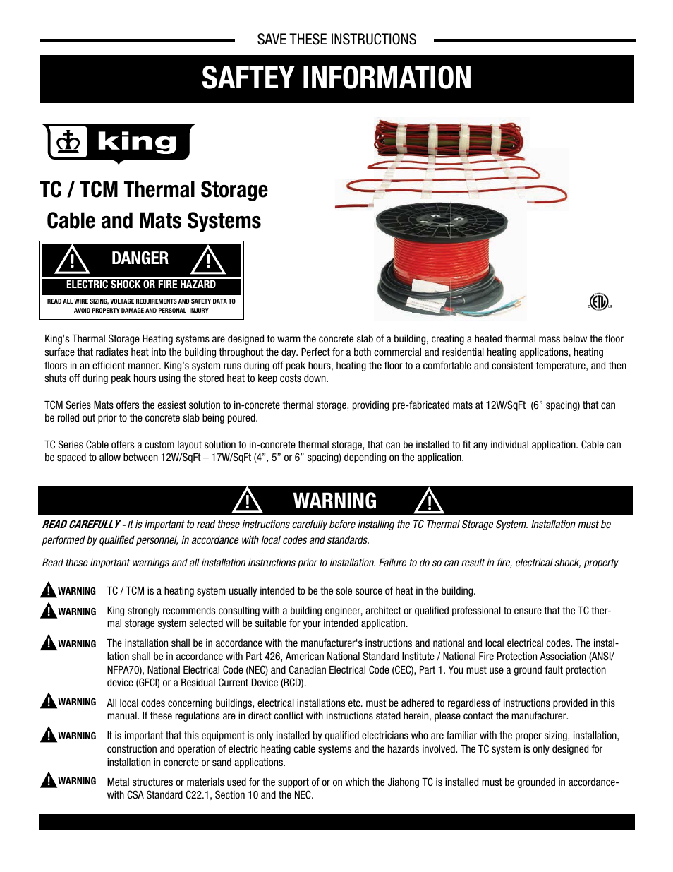 King Electric TCM User Manual | 11 pages