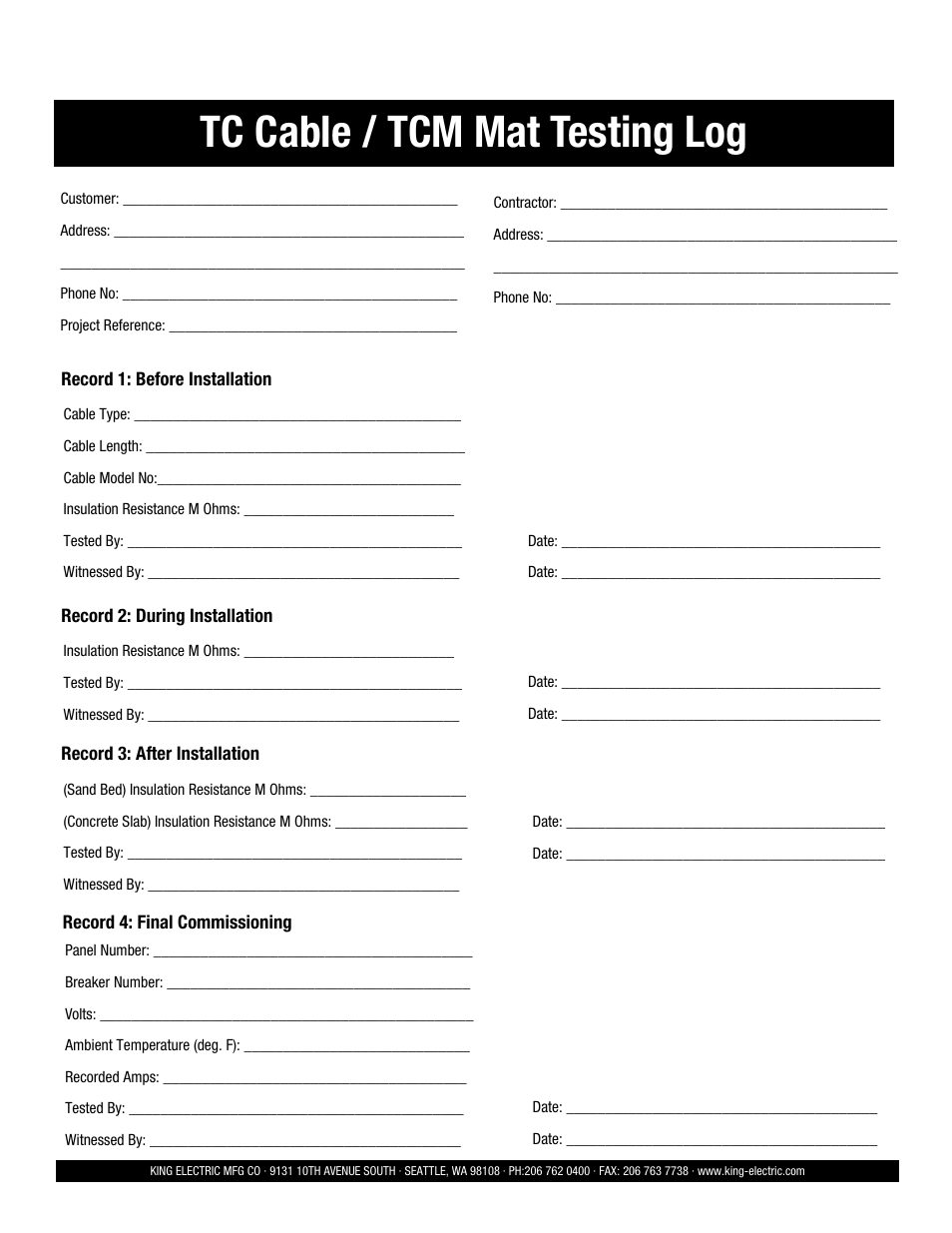 Tc cable / tcm mat testing log | King Electric TCM User Manual | Page 11 / 11