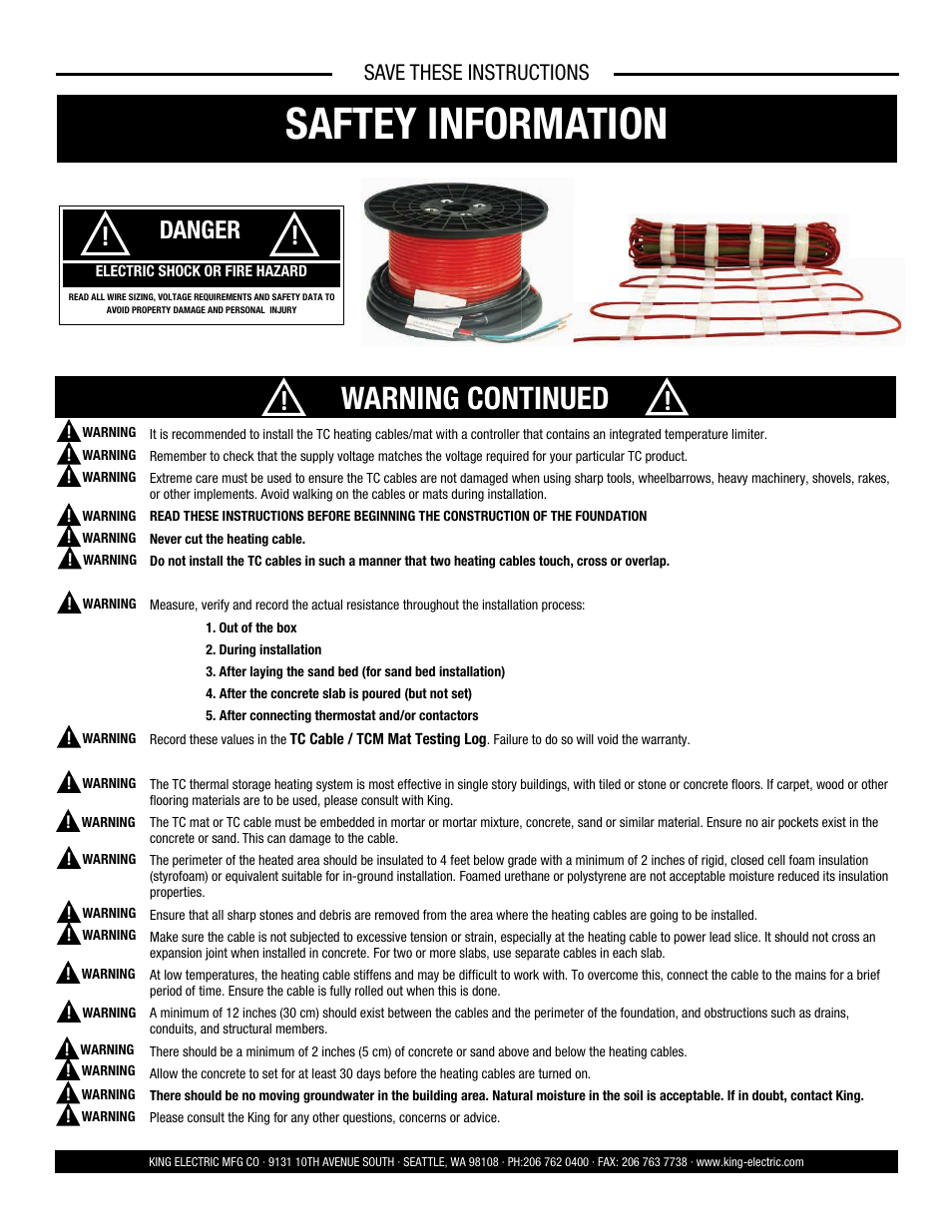 Saftey information, Warning continued, Danger | Save these instructions | King Electric TCM User Manual | Page 2 / 11