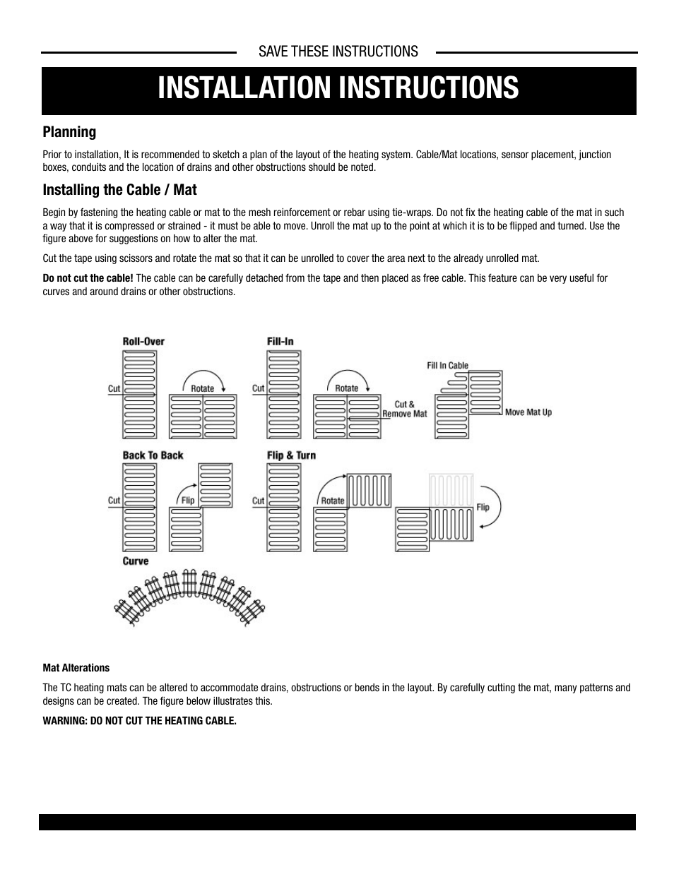 Installation instructions, Planning, Installing the cable / mat | Save these instructions | King Electric TCM User Manual | Page 4 / 11