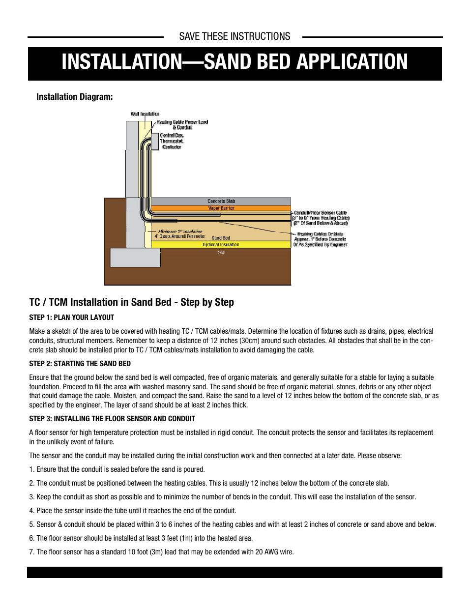 Installation—sand bed application, Save these instructions, Tc / tcm installation in sand bed - step by step | King Electric TCM User Manual | Page 5 / 11