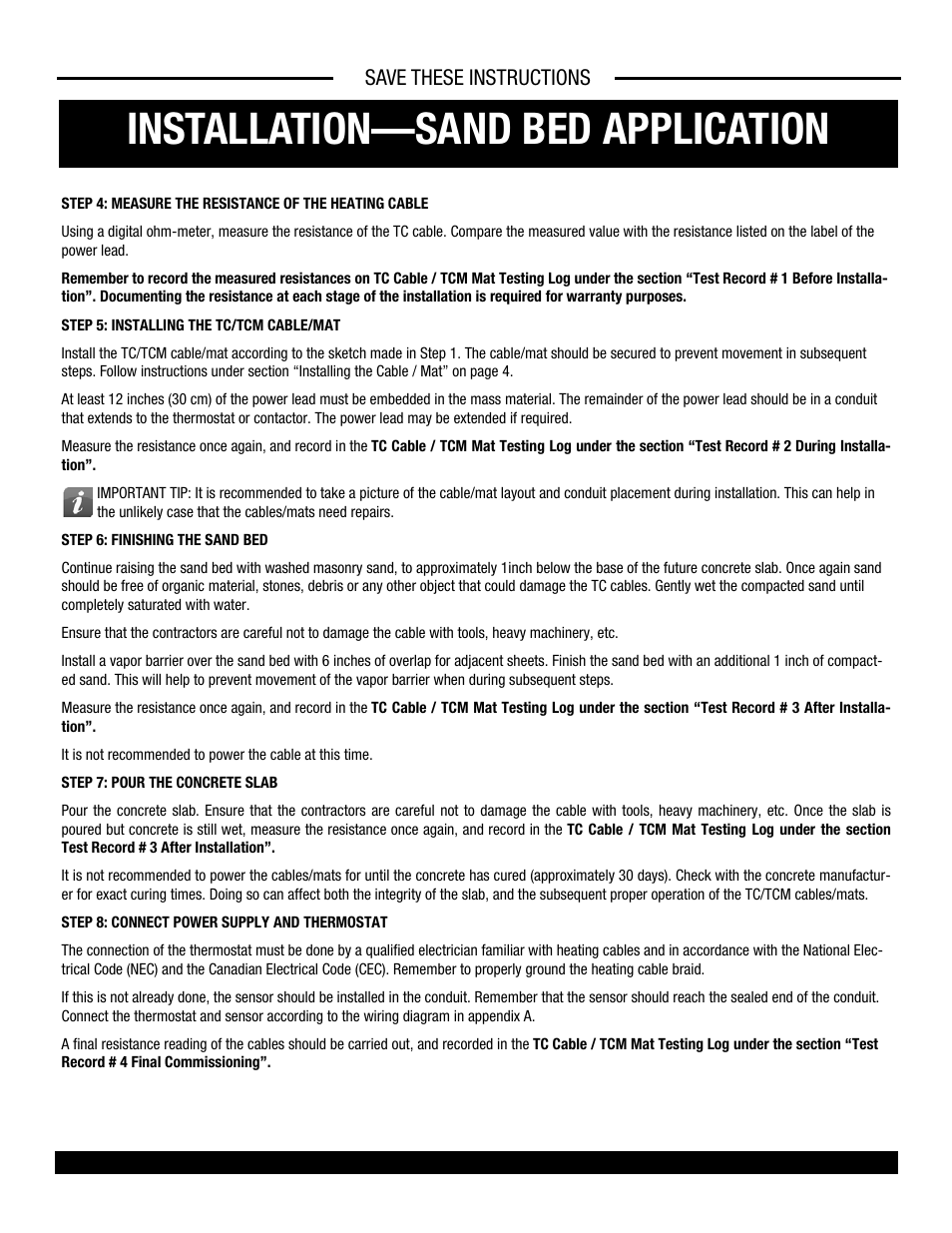 Installation—sand bed application, Save these instructions | King Electric TCM User Manual | Page 6 / 11
