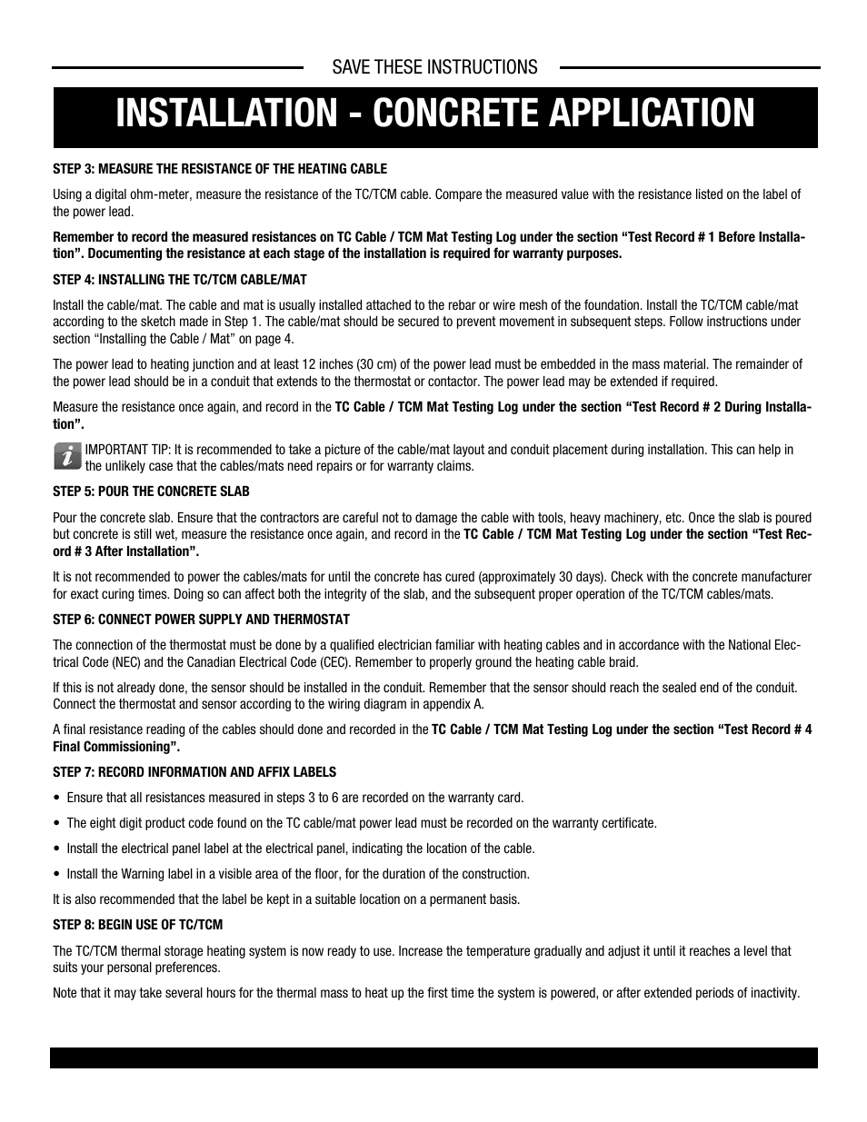 Installation - concrete application, Save these instructions | King Electric TCM User Manual | Page 8 / 11