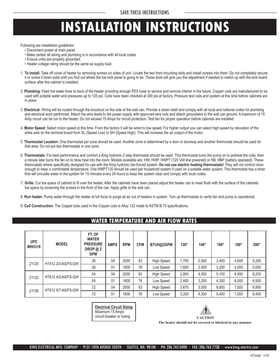 Installation instructions, Save these instructions, Water temperature and air flow rates | King Electric Model HT User Manual | Page 2 / 4