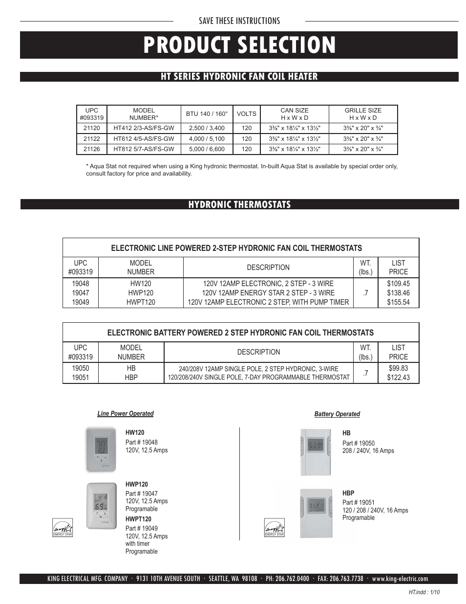 Product selection, Save these instructions | King Electric Model HT User Manual | Page 4 / 4