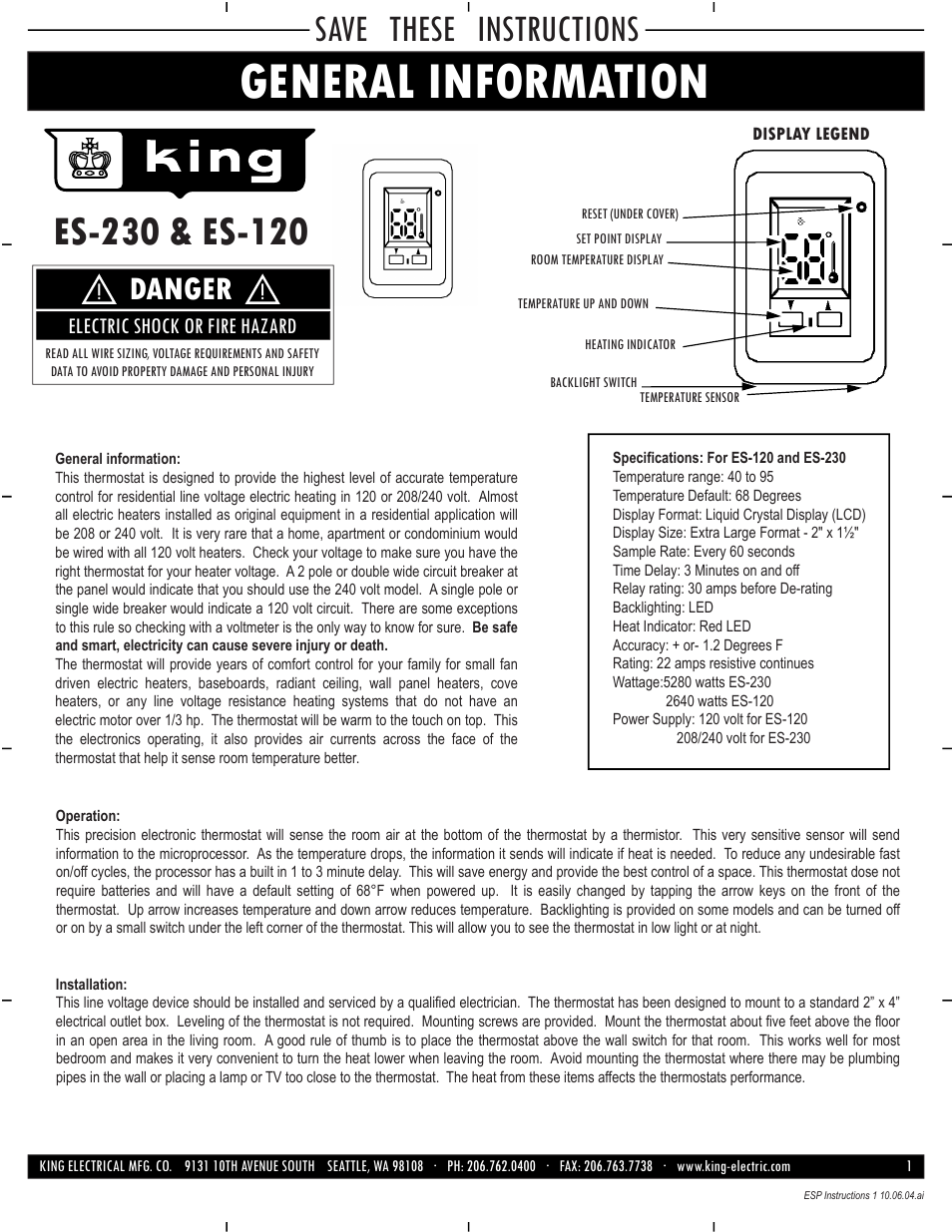 King Electric ES Electronic User Manual | 3 pages