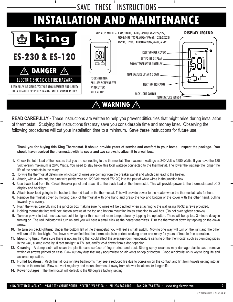 Installation and maintenance, Save these instructions, Danger | Warning | King Electric ES Electronic User Manual | Page 2 / 3