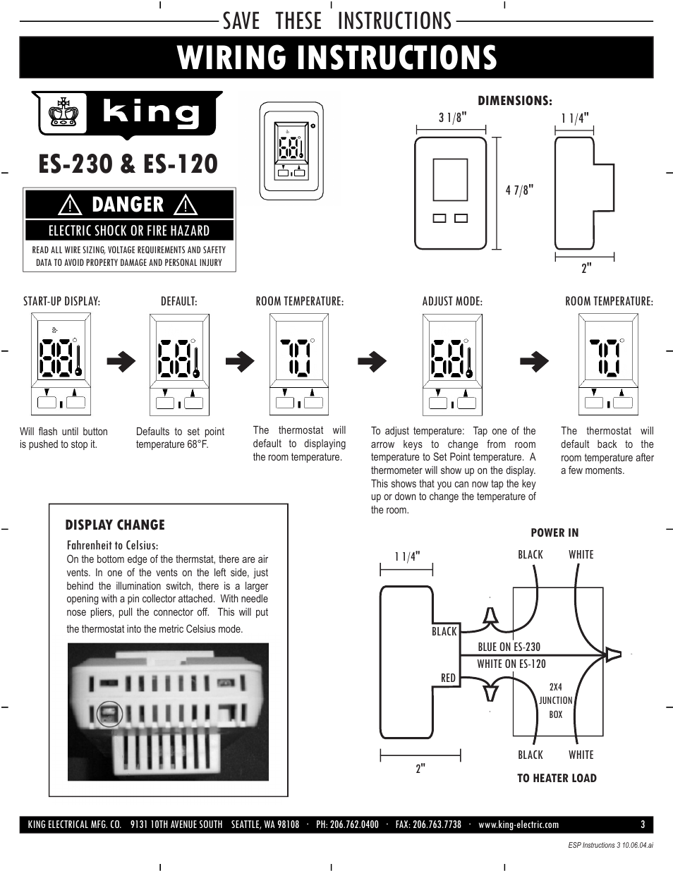 Wiring instructions, Save these instructions, Danger | King Electric ES Electronic User Manual | Page 3 / 3