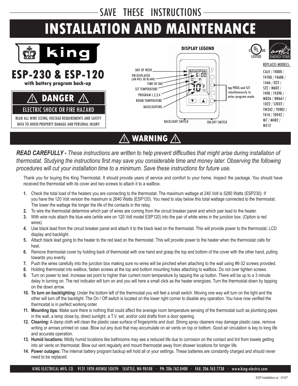 Installation and maintenance, Save these instructions, Danger | Warning, Electric shock or fire hazard | King Electric ESP Electronic Programmable User Manual | Page 2 / 4