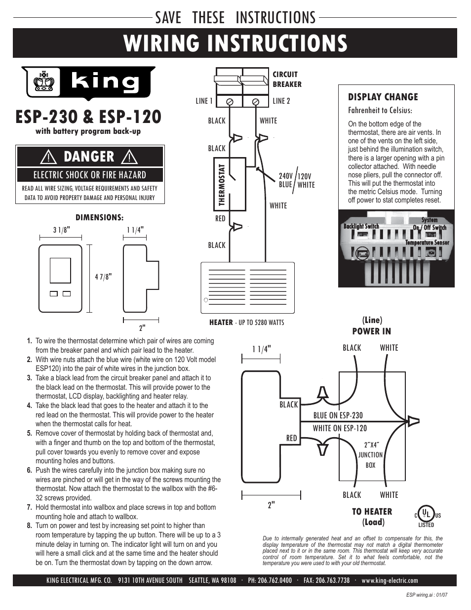 Wiring instructions, Save these instructions, Danger | Electric shock or fire hazard | King Electric ESP Electronic Programmable User Manual | Page 3 / 4