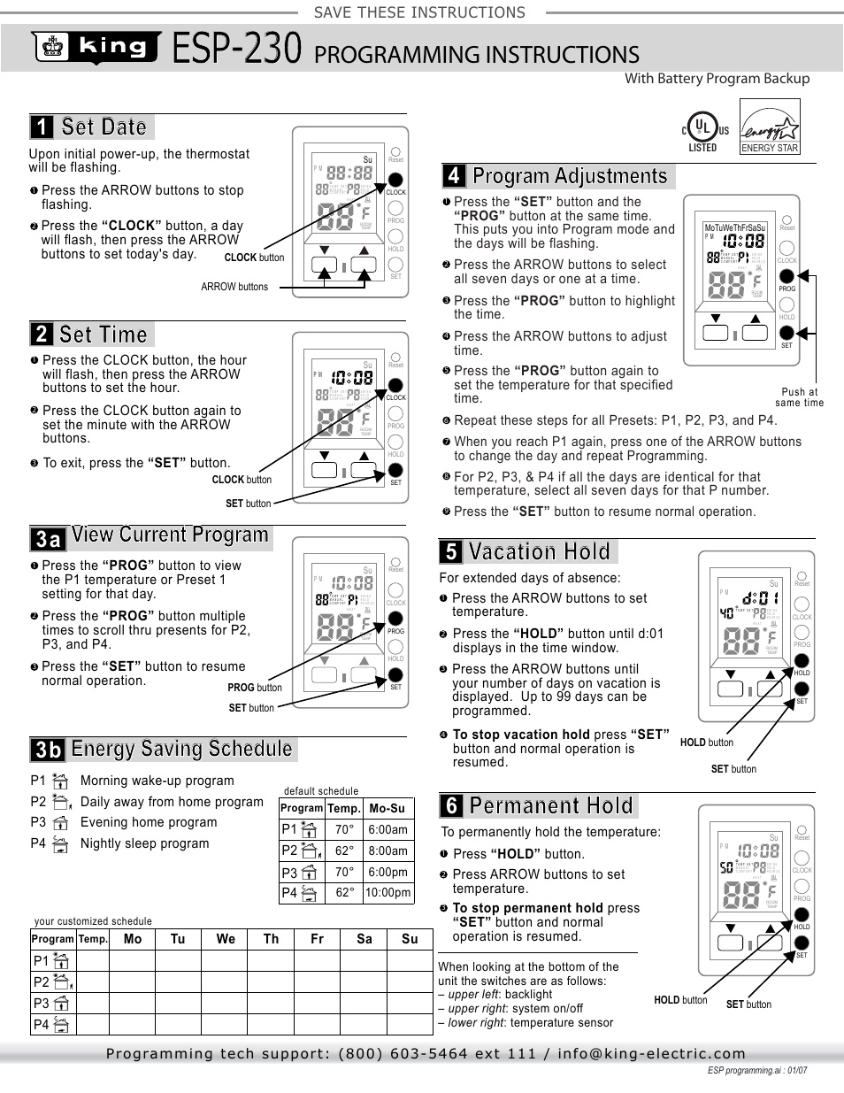 Esp-230, Programming instructions, Set date | Set time, Vacation hold, Permanent hold, View current program, Program adjustments, Energy saving schedule, With battery program backup | King Electric ESP Electronic Programmable User Manual | Page 4 / 4