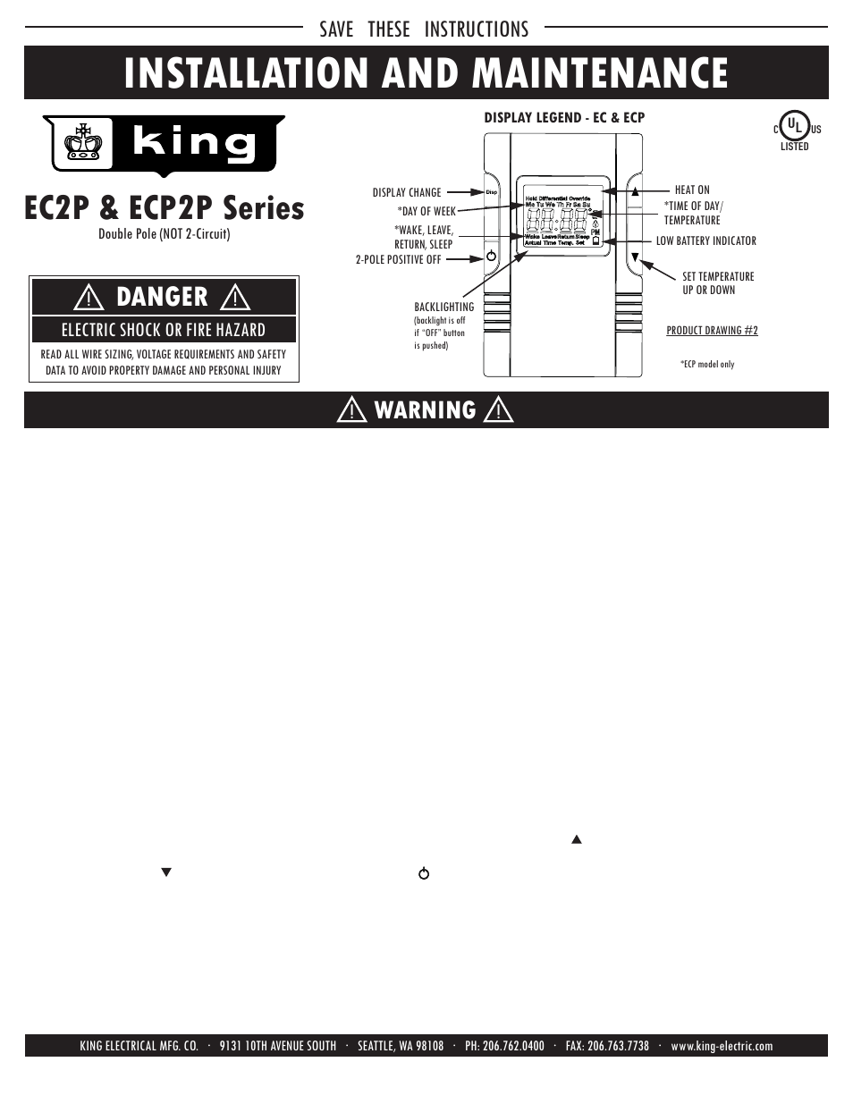 Ecp2p-installation, Installation and maintenance, Ec2p & ecp2p series | Danger, Warning, Save these instructions, Electric shock or fire hazard | King Electric ECP2P Electronic Programmable User Manual | Page 2 / 4