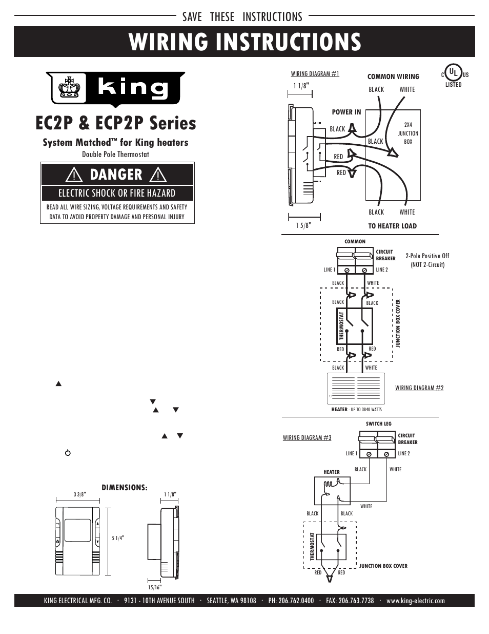 Ecp2p wiring, Wiring instructions, Ec2p & ecp2p series | Danger, Save these instructions, Electric shock or fire hazard, System matched, For king heaters, Double pole thermostat | King Electric ECP2P Electronic Programmable User Manual | Page 3 / 4