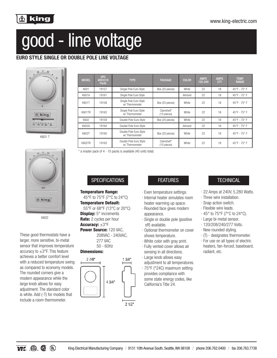 King Electric K601C-25 Heat or Cool User Manual | 2 pages