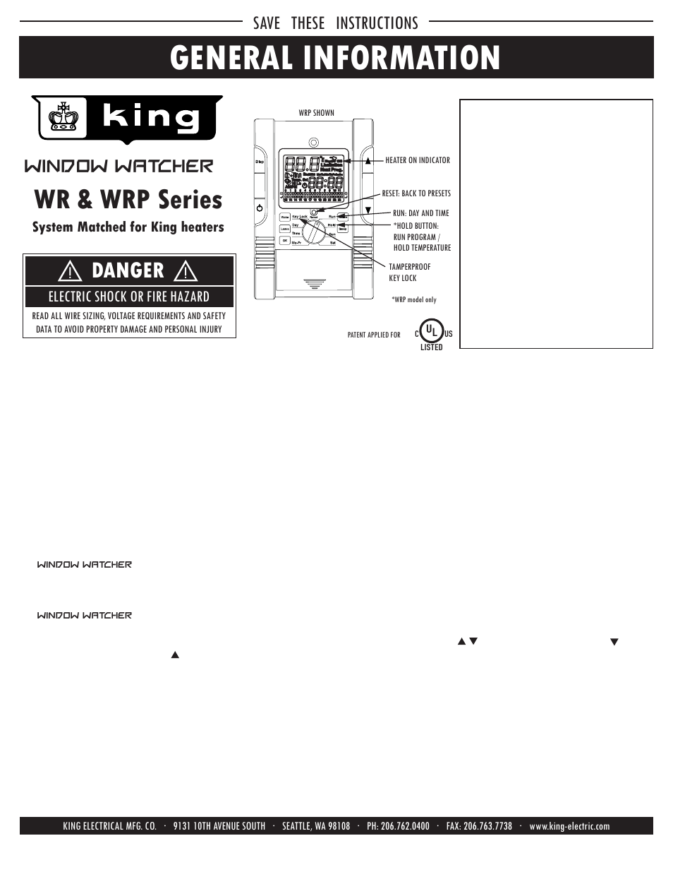 King Electric WR Window Watcher User Manual | 4 pages