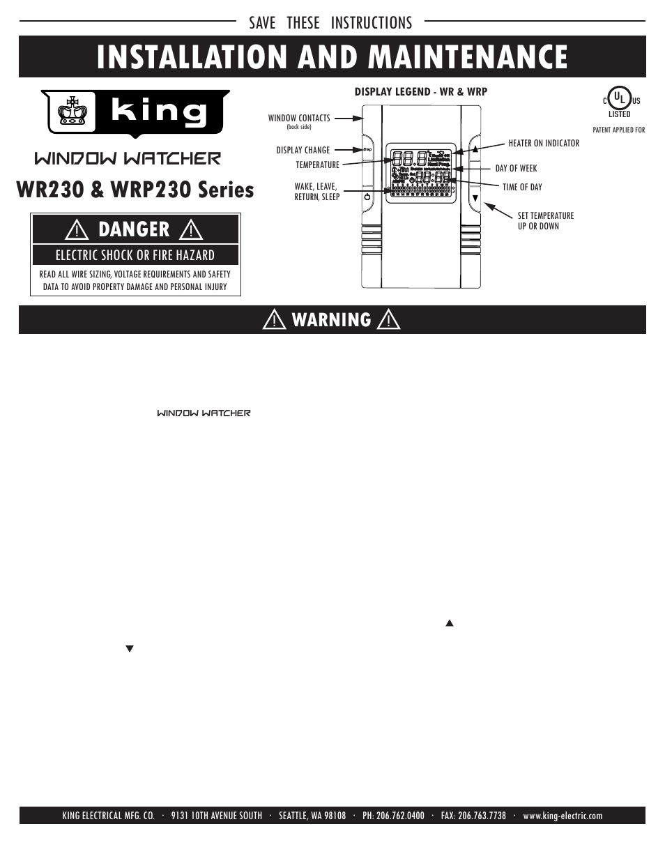 Installation and maintenance, Danger, Warning | Save these instructions, Window watcher, Electric shock or fire hazard | King Electric WR Window Watcher User Manual | Page 2 / 4