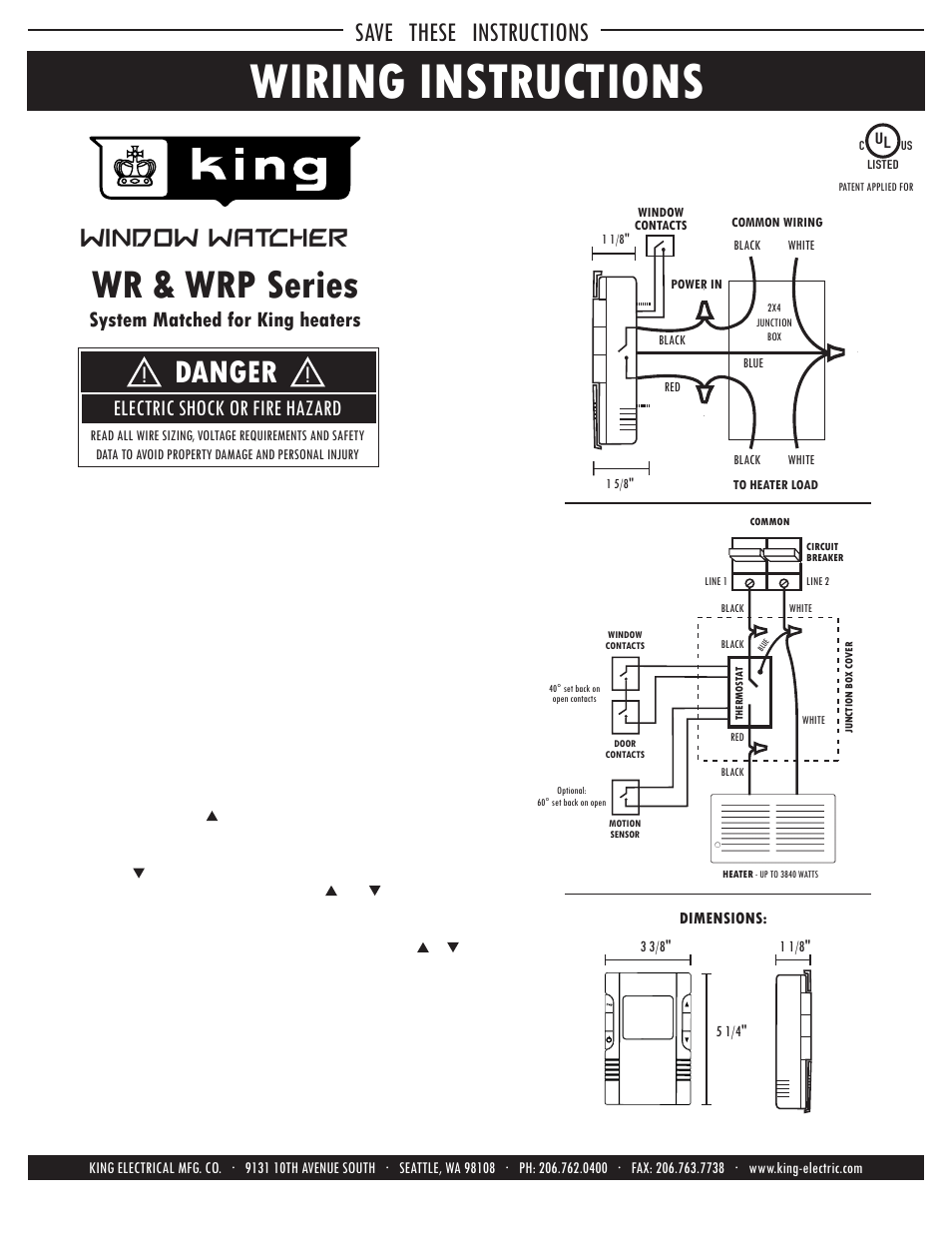 Wiring instructions, Wr & wrp series, Danger | Save these instructions, Window watcher, Electric shock or fire hazard, System matched for king heaters | King Electric WR Window Watcher User Manual | Page 4 / 4