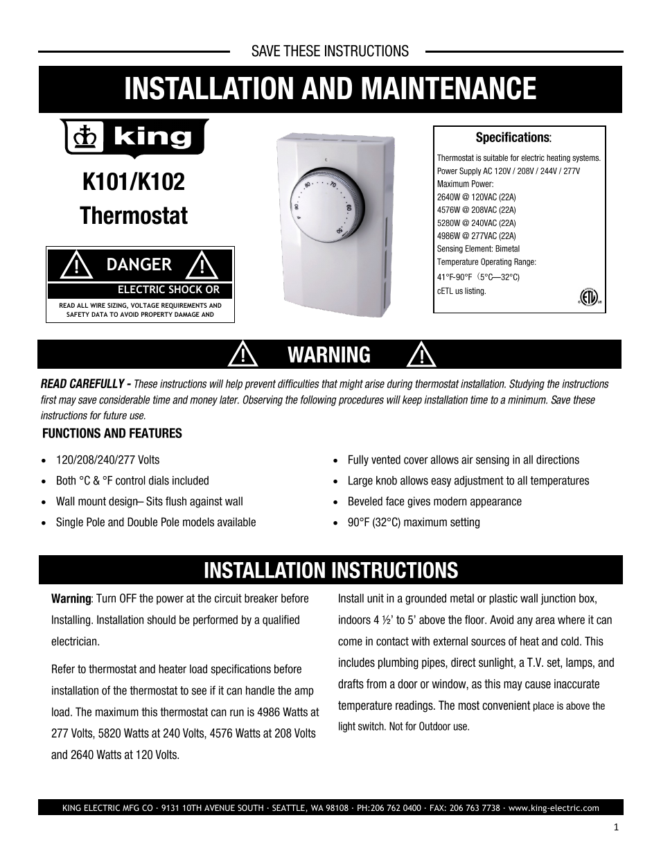 King Electric K102 User Manual | 3 pages