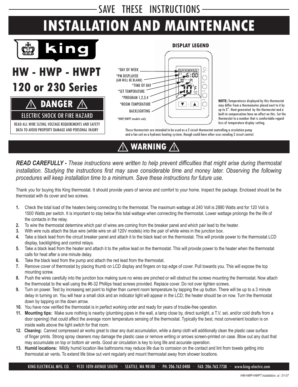 King Electric HW120 Two-circuit Electronic User Manual | 1 page