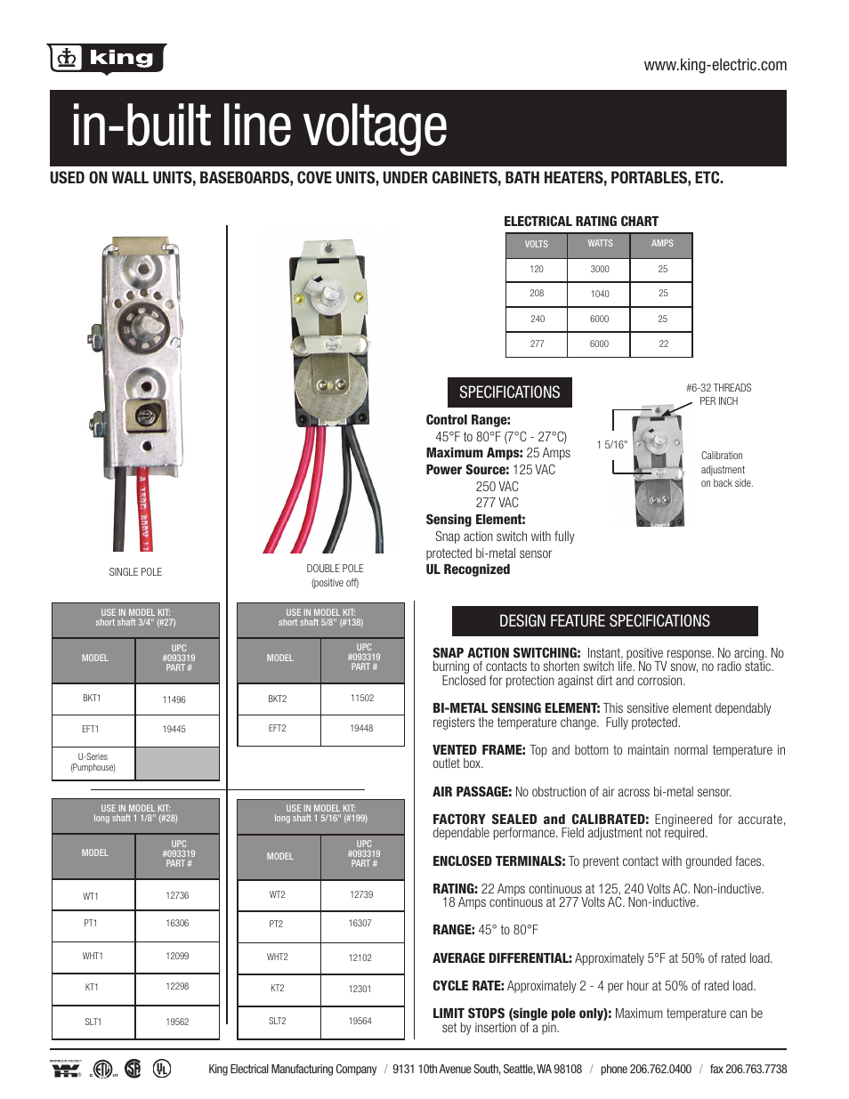 King Electric Bi-metal Sensor Thermostat User Manual | 1 page