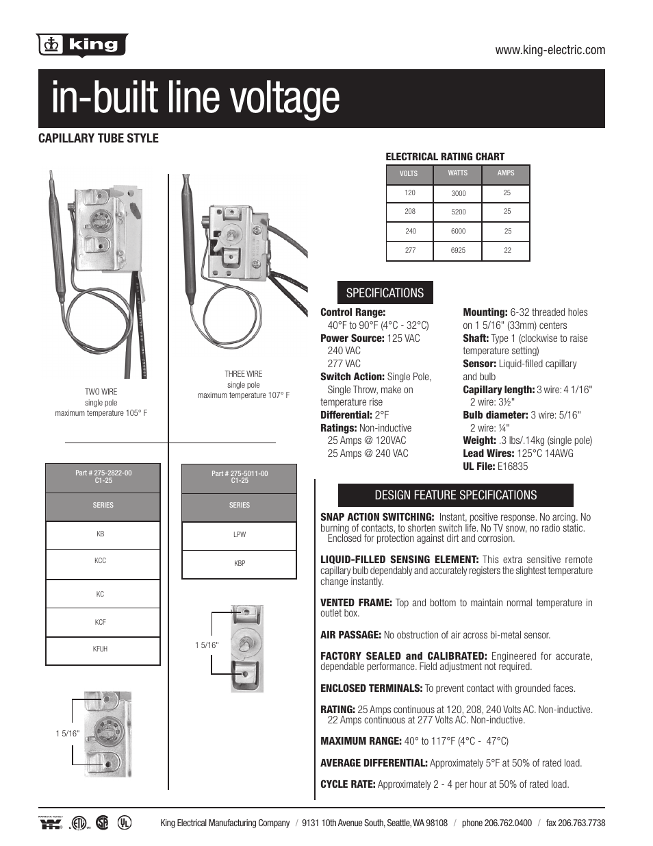 King Electric Capilary Tube Thermostat User Manual | 1 page