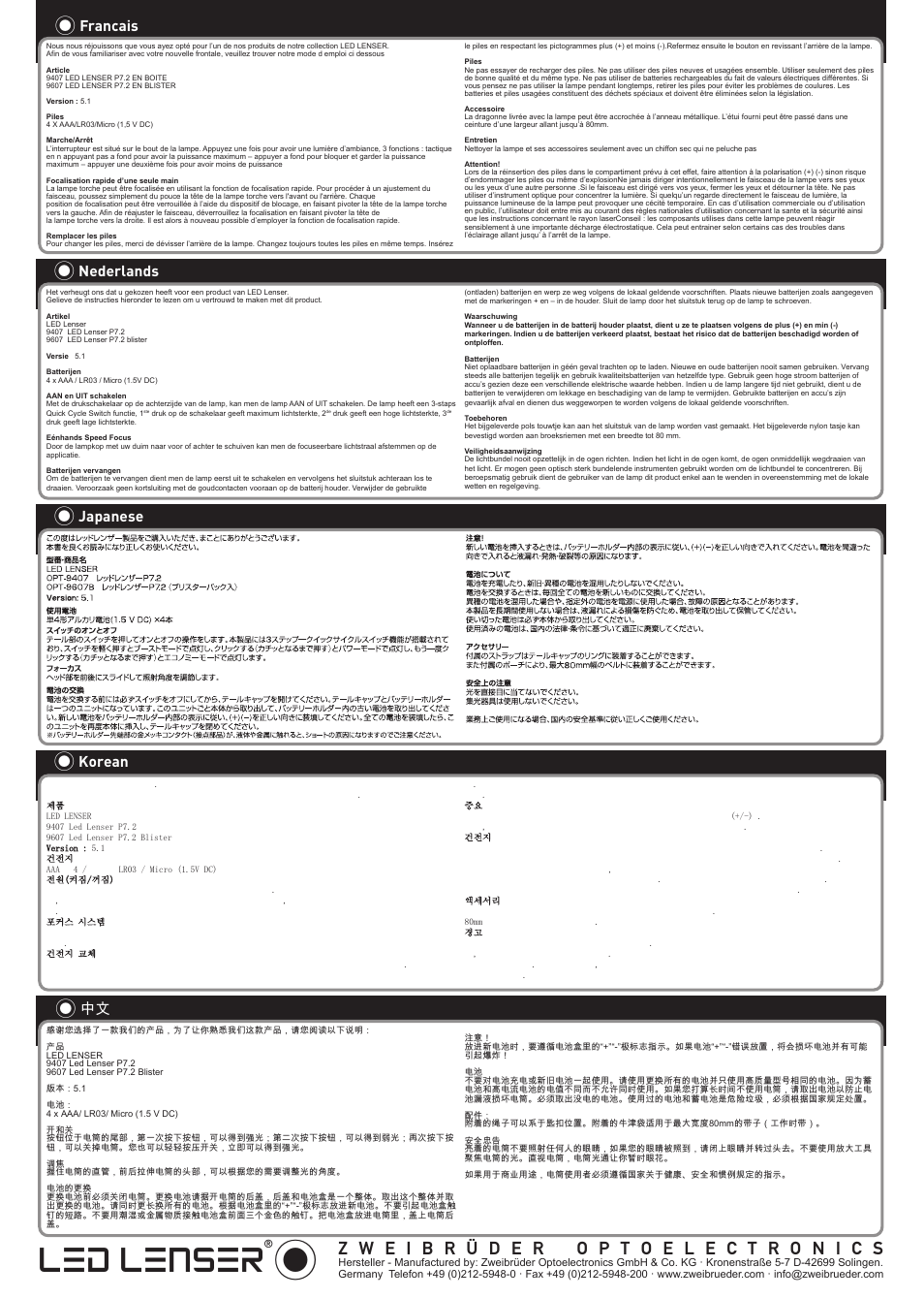 Led lenser, Francais, Nederlands | Japanese, Korean | LED LENSER P7.2 User Manual | Page 2 / 2