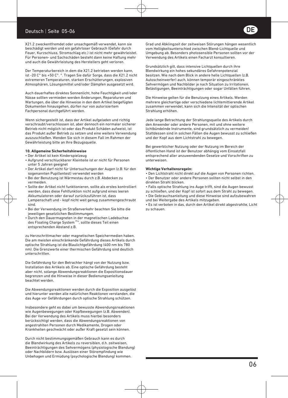 De 06, Deutsch | seite 05-06 | LED LENSER X21.2 User Manual | Page 7 / 24