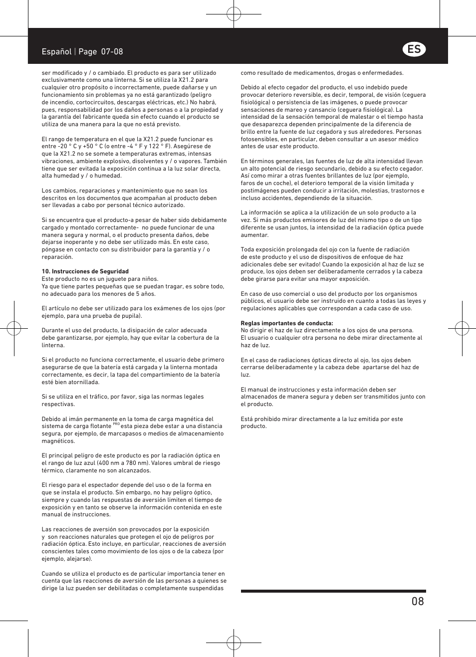 Es 08, Español | page 07-08 | LED LENSER X21.2 User Manual | Page 9 / 24