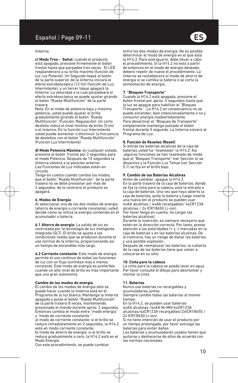 Español | page 09-11 | LED LENSER H14.2 User Manual | Page 11 / 36