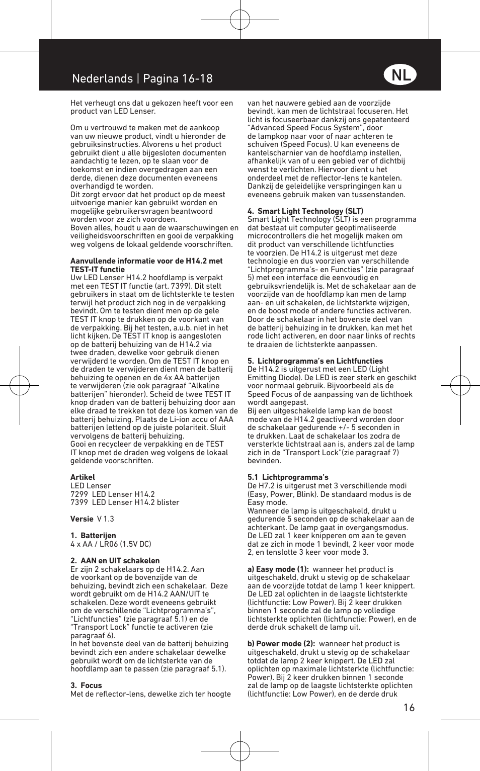 Nederlands | pagina 16-18 | LED LENSER H14.2 User Manual | Page 17 / 36