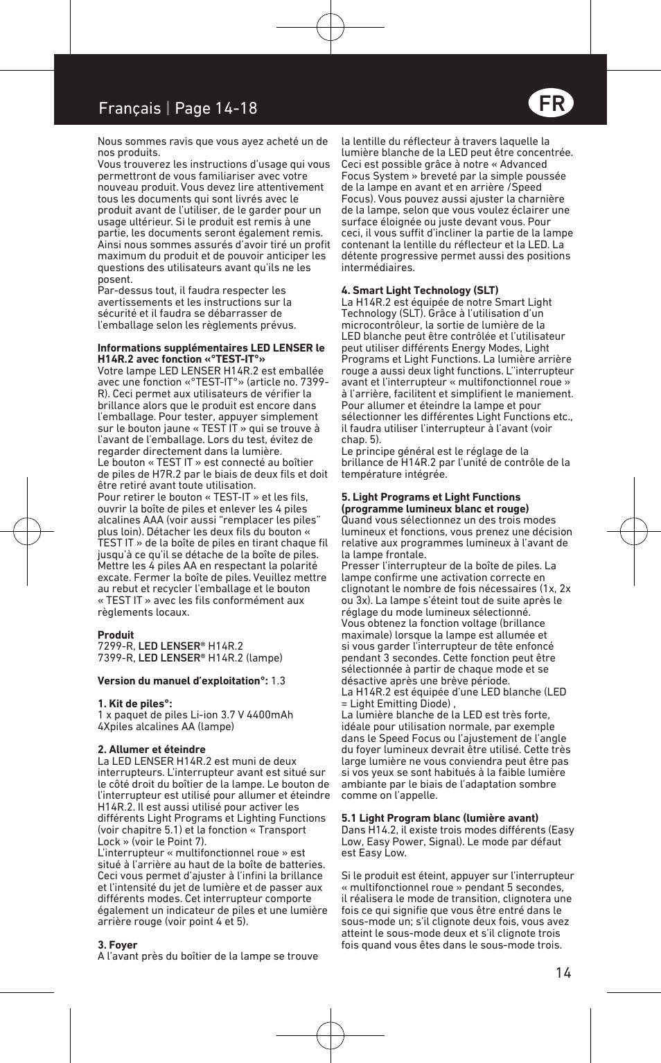 Français | page 14-18 | LED LENSER H14R.2 User Manual | Page 15 / 53