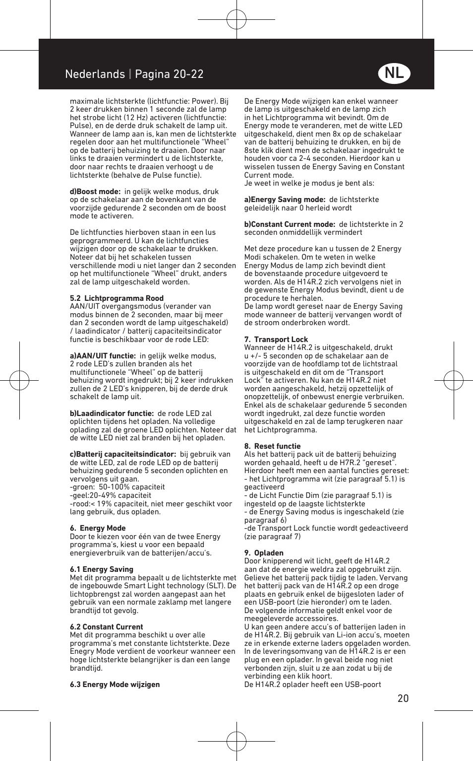 Nederlands | pagina 20-22 | LED LENSER H14R.2 User Manual | Page 21 / 53