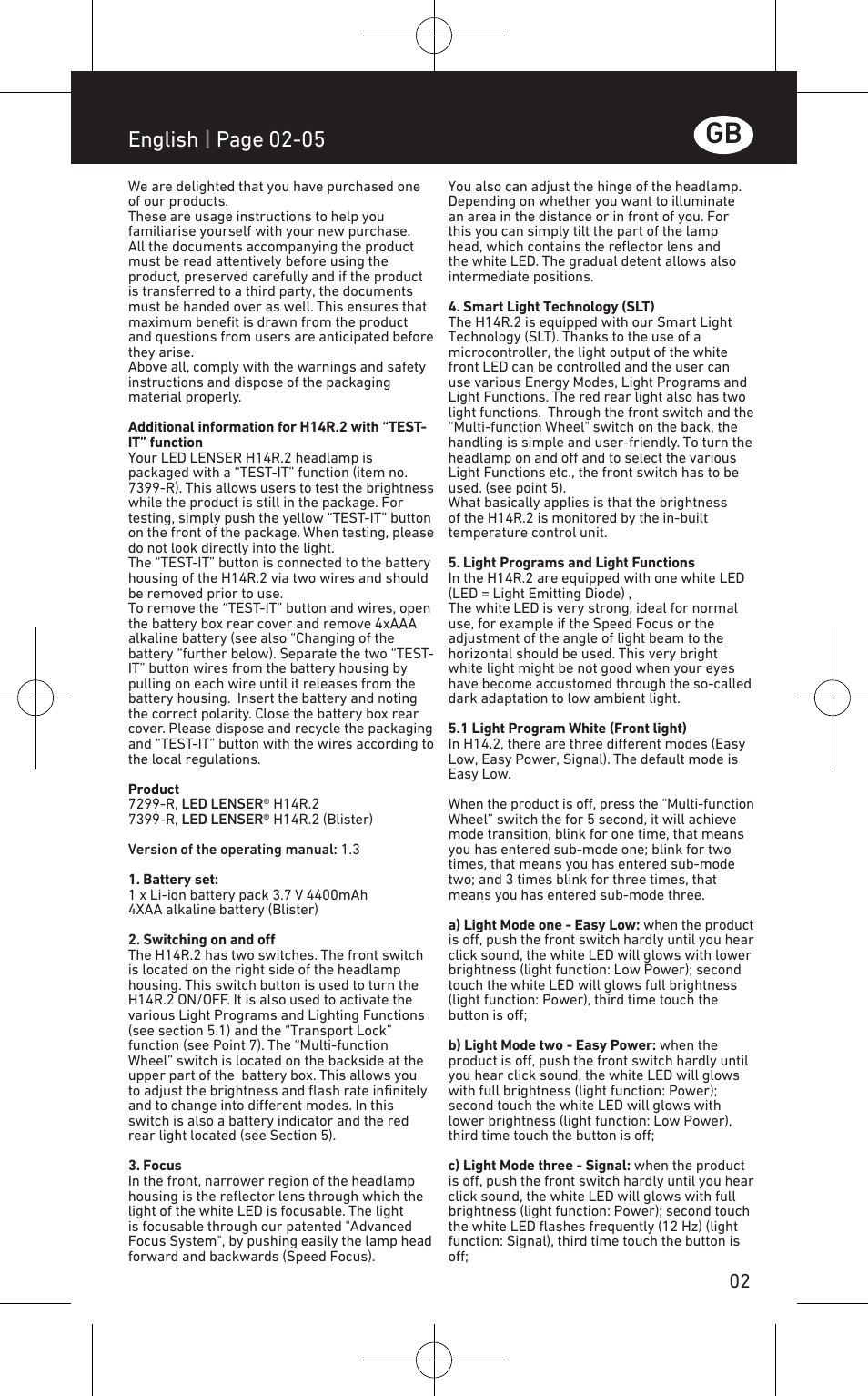 English | page 02-05 | LED LENSER H14R.2 User Manual | Page 3 / 53