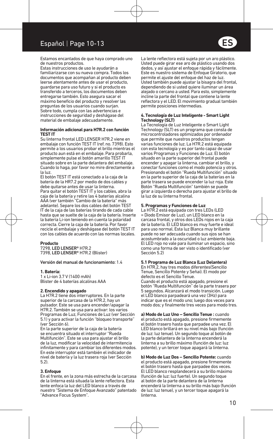 Español | page 10-13 | LED LENSER H7R.2 User Manual | Page 11 / 50