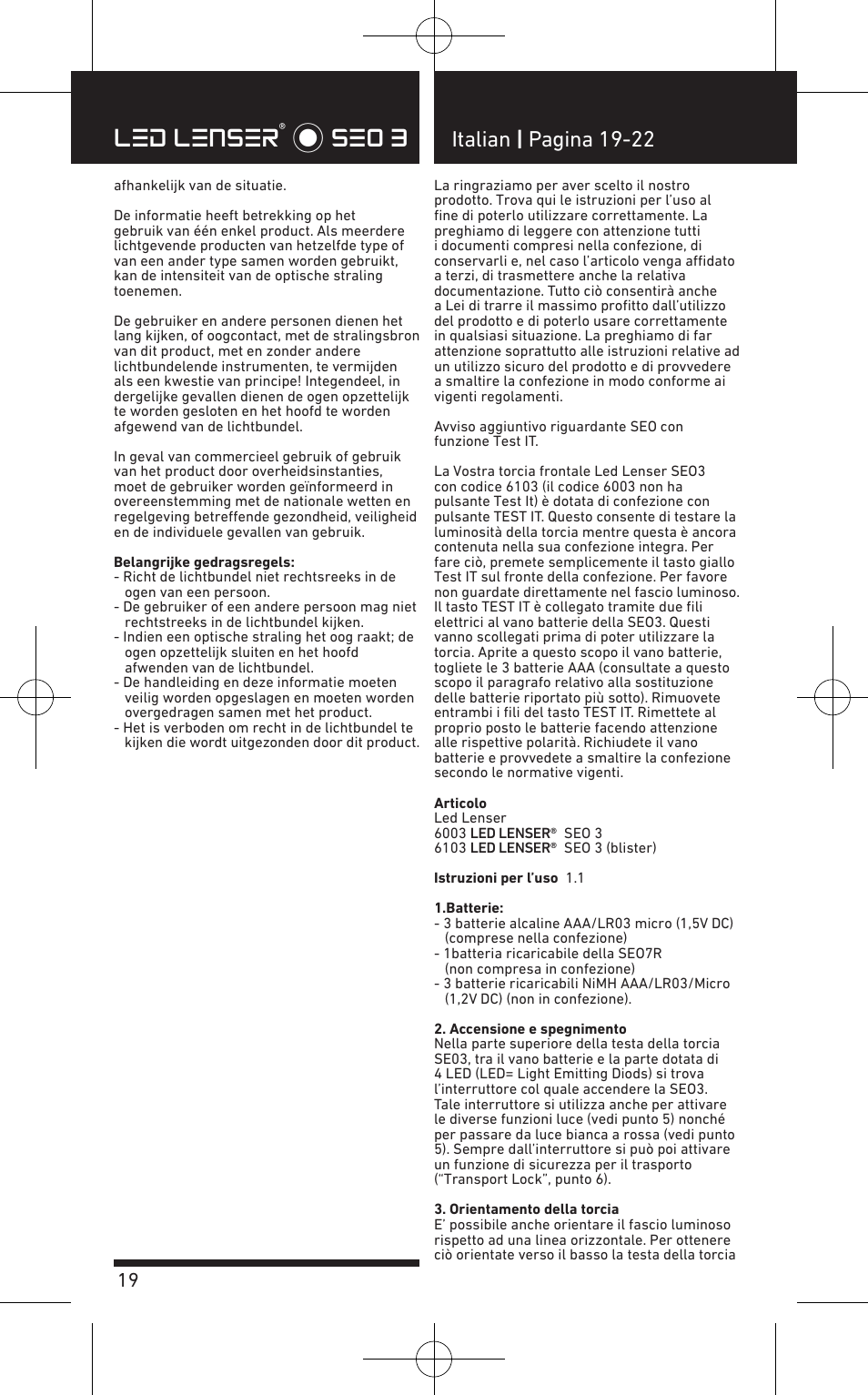 Led lenser® * seo 3, Italian | pagina 19-22 | LED LENSER SEO™ 3 User Manual | Page 20 / 36