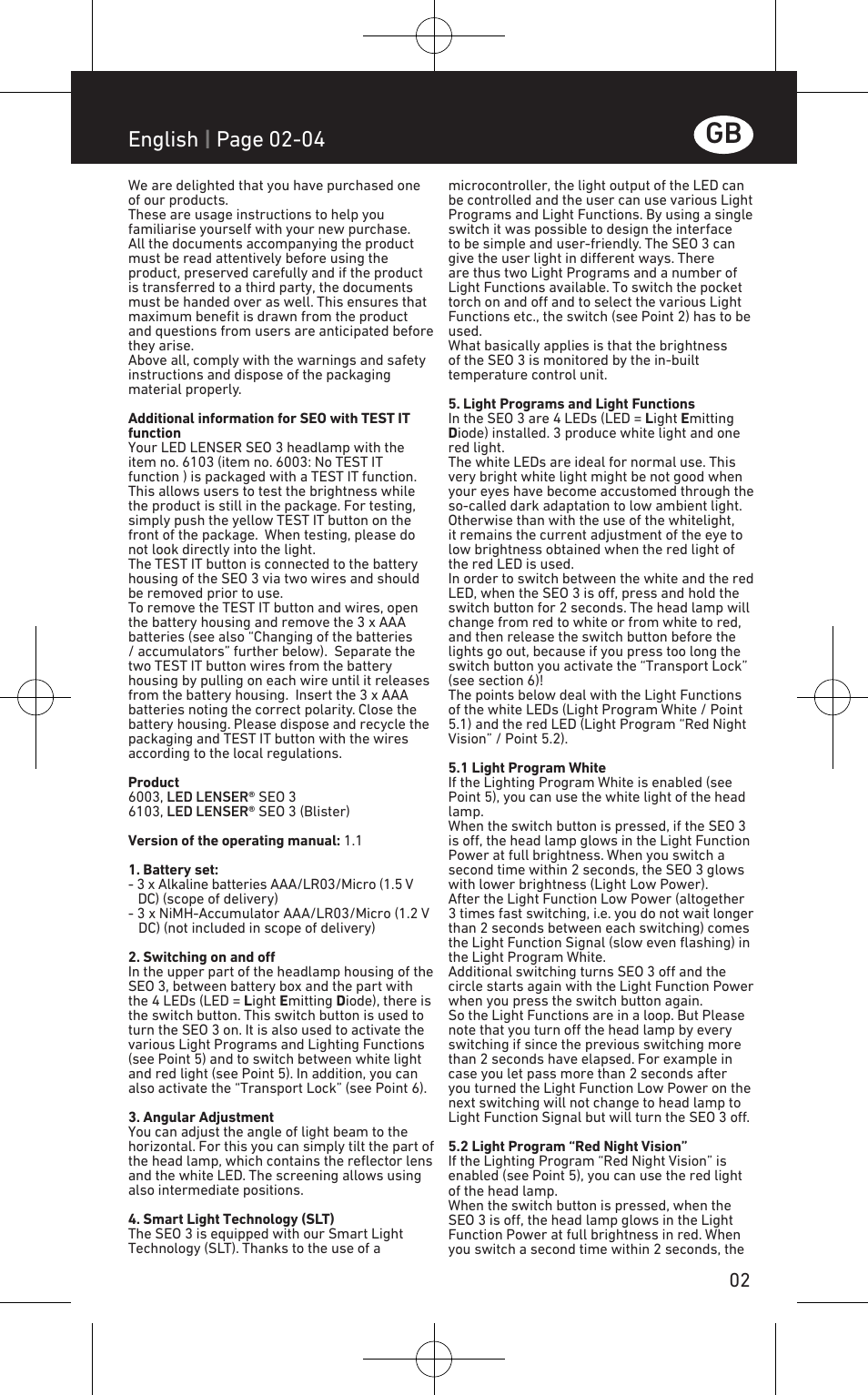 English | page 02-04 | LED LENSER SEO™ 3 User Manual | Page 3 / 36