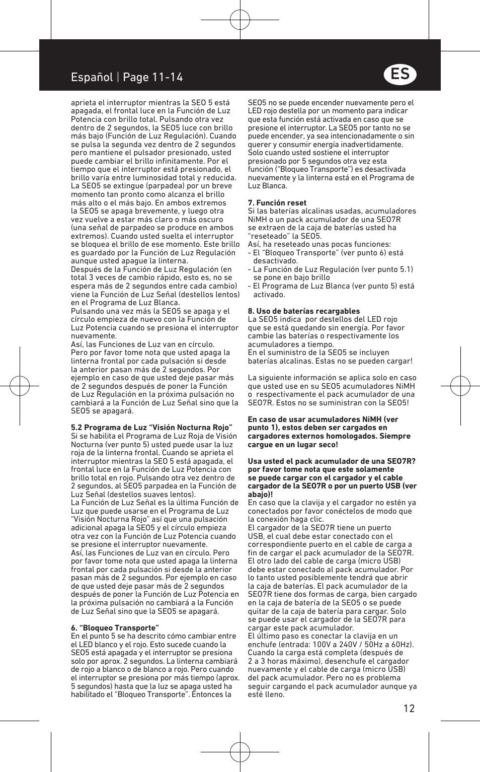 Español | page 11-14 | LED LENSER SEO™ 5 User Manual | Page 13 / 44