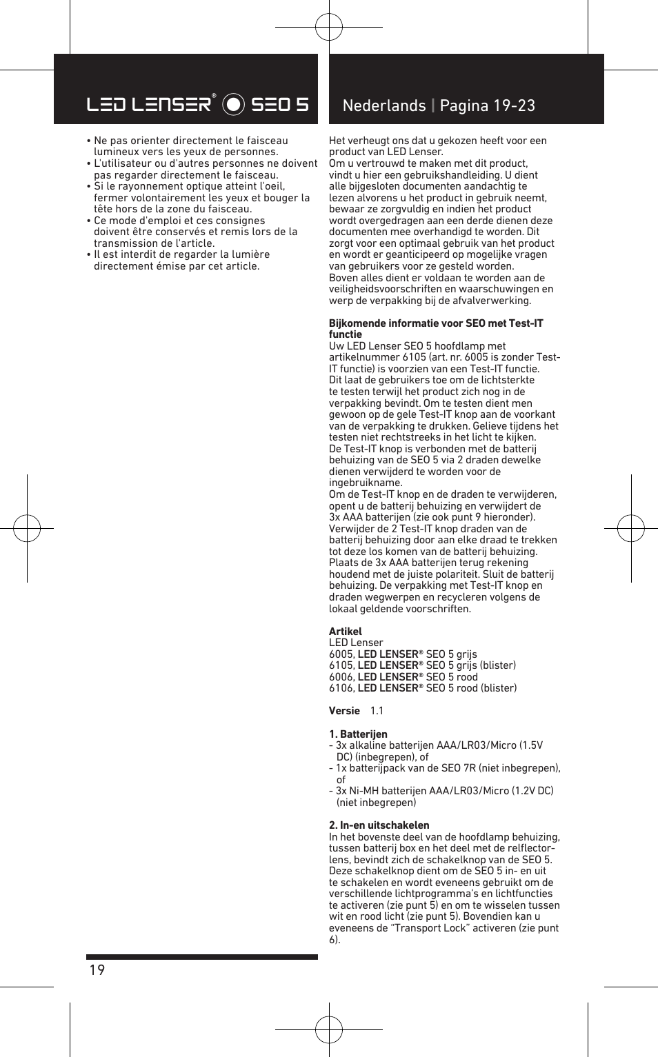 Led lenser® * seo 5, Nederlands | pagina 19-23 | LED LENSER SEO™ 5 User Manual | Page 20 / 44