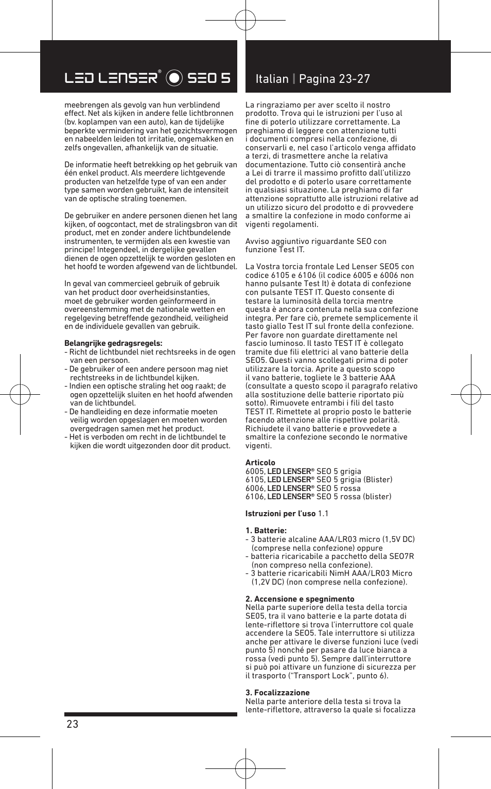 Led lenser® * seo 5, Italian | pagina 23-27 | LED LENSER SEO™ 5 User Manual | Page 24 / 44